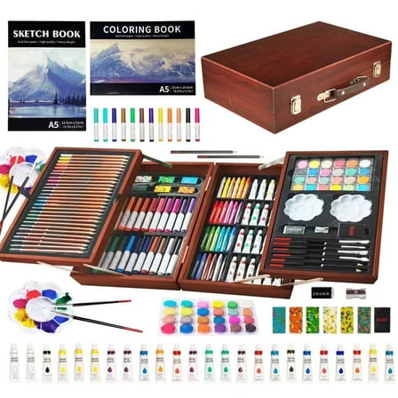 KINSPORY 139 pack Deluxe Portable Double Layers Wooden Coloring Drawing Kit with Sketch Pads, Art Set Gift for Artist Adults Beginners Kids (Brown)