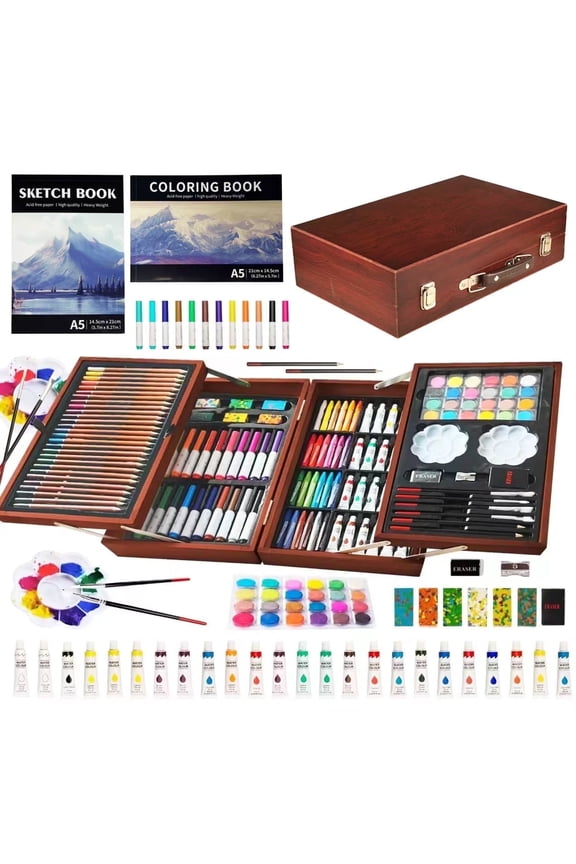 139 pack Deluxe Portable Double Layers Wooden Coloring Drawing Kit with Sketch Pads, Art Set Gift for Artist Adults Beginners Kids (Brown)