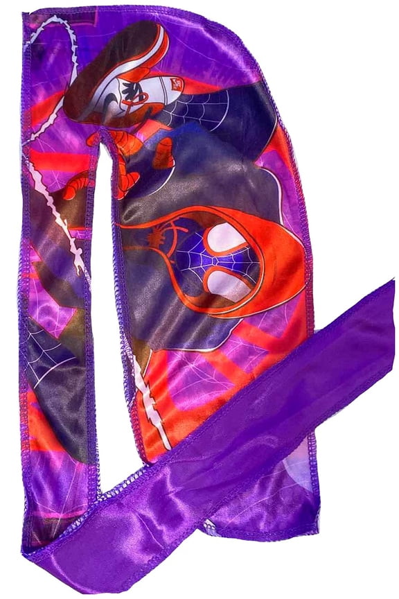 Art Silky Anime Durag with Long Wide Tails and Quadruple Stitching - Satin Fabric Du Rag for Comfort Compression, Spidy G