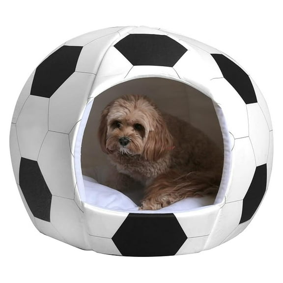 Art Soccer Ball Dog Bed - Sports Pet Bed for Small Dogs & Cats - Igloo Cave Bed - Plush Interior, Non-Slip - 16x18x16 Inches