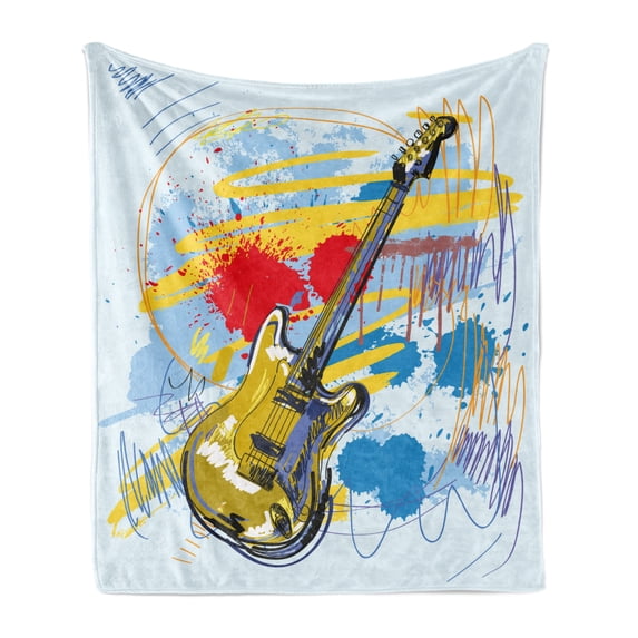 Art Soft Flannel Fleece Blanket, Abstract Musical Instrument Expressionist Artwork Stained and Tainted Background Print, Cozy Plush for Indoor and Outdoor Use, 50" x 70", Teal Yellow, by Ambesonne