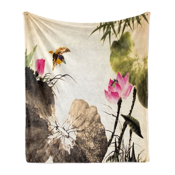 Art Soft Flannel Fleece Blanket, Bird Jumping into a Lotus in a Gloomy Setting Circle of Life Chinese Culture, Cozy Plush for Indoor and Outdoor Use, 50" x 60", Cream Taupe Hot Pink, by Ambesonne