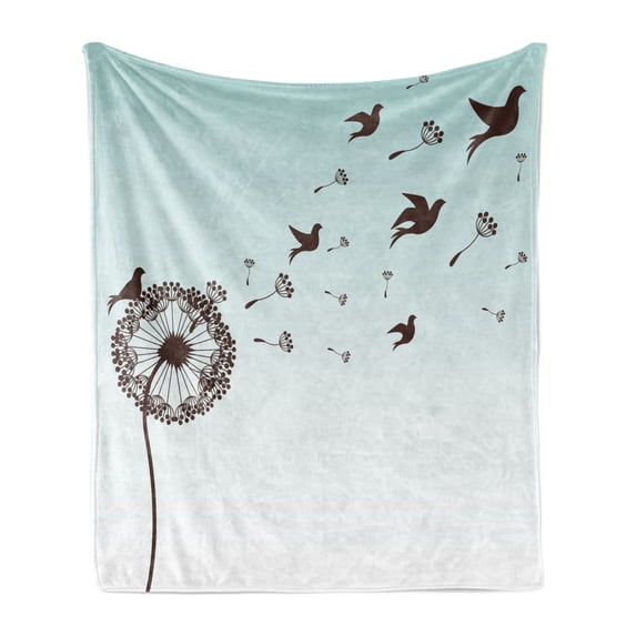 Art Soft Flannel Fleece Blanket, Dandelion Flower Arrangement Petals Doves Flying Silhouettes Fantasy Blooms Print, Cozy Plush for Indoor and Outdoor Use, 60" x 80", Turquoise Brown, by Ambesonne