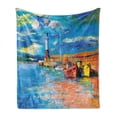 thumbnail image 1 of Art Soft Flannel Fleece Blanket, Oil Painting Tones Style Lighthouse and Boats on Sea Shore Town Coastal Charm Picture, Cozy Plush for Indoor and Outdoor Use, 70" x 90", Multicolor, by Ambesonne, 1 of 5