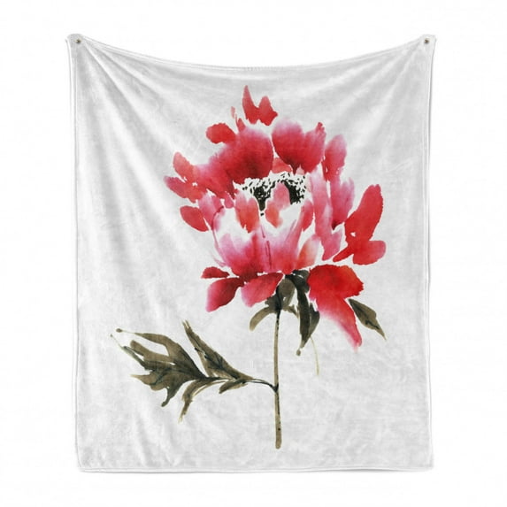 Art Soft Flannel Fleece Blanket, Traditional Japanese Ink Wash Painting Inspired Watercolor Illustration of a Flower, Cozy Plush for Indoor and Outdoor Use, 70" x 90", Red Sage Green, by Ambesonne