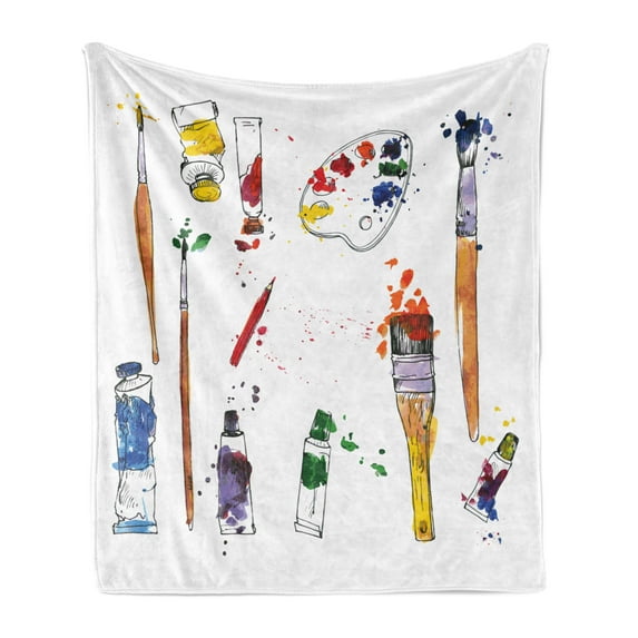 Art Soft Flannel Fleece Blanket, Watercolor Paint Splashes Materials Palette Paint Tubes Brushes with Paint Stains Print, Cozy Plush for Indoor and Outdoor Use, 60" x 80", Multicolor, by Ambesonne