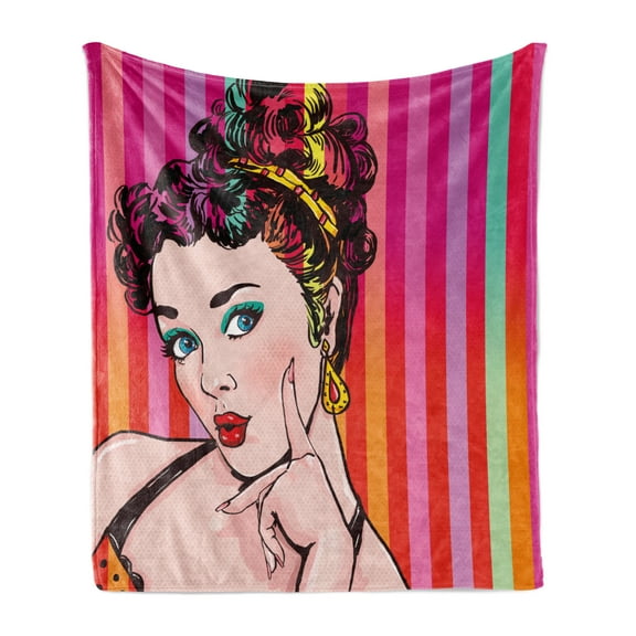 Art Soft Flannel Fleece Throw Blanket, Blue Eyed Woman with Striped Background Pop Art Advertising Retro, Cozy Plush for Indoor and Outdoor Use, 50" x 70", Red Eggshell Multicolor, by Ambesonne