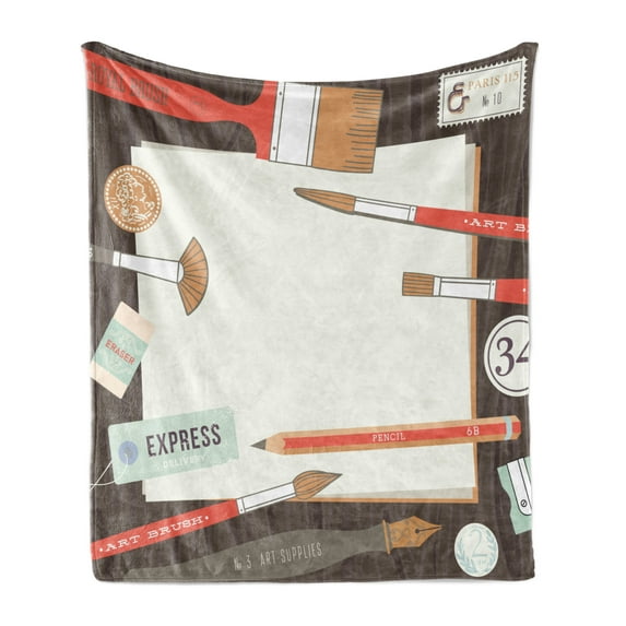 Art Soft Flannel Fleece Throw Blanket, Eraser Royal Brush Pencil Sharpener and Stamp Palette Painters Materials Schooling, Cozy Plush for Indoor and Outdoor Use, 50" x 60", Multicolor, by Ambesonne