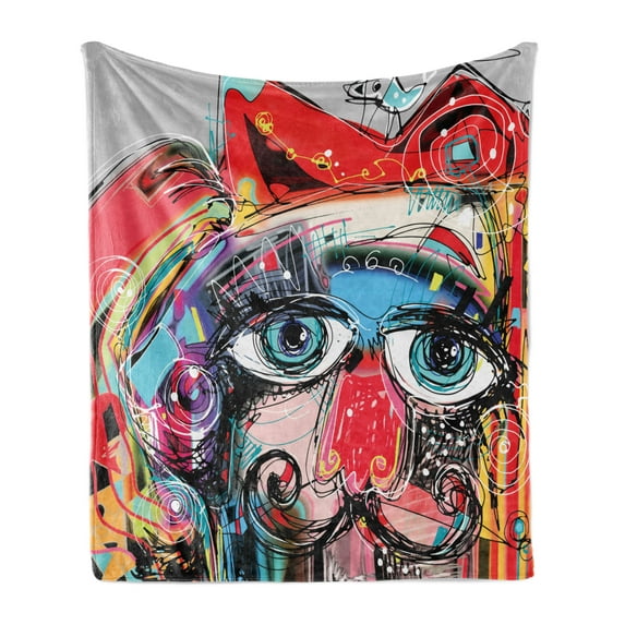 Art Soft Flannel Fleece Throw Blanket, Grafitti Sketchy Style Colorful Painting Human Like Face Dog Animal Image Print, Cozy Plush for Indoor and Outdoor Use, 50" x 70", Multicolor, by Ambesonne