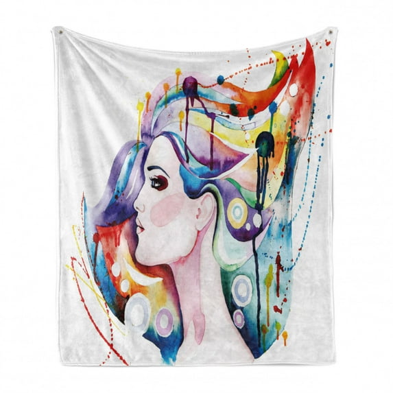 Art Soft Flannel Fleece Throw Blanket, Grunge Inspired Young Woman with Rainbow Colored Hair Abstract Watercolor Art, Cozy Plush for Indoor and Outdoor Use, 50" x 60", Multicolor, by Ambesonne
