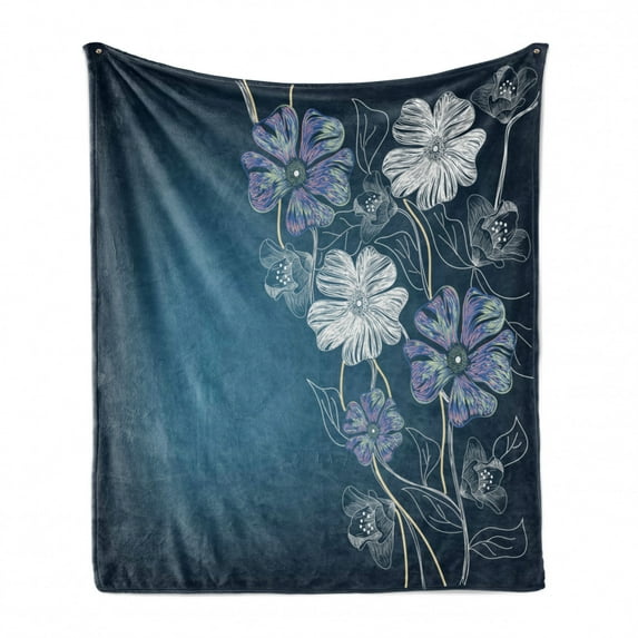 Art Soft Flannel Fleece Throw Blanket, Hand Drawn Cherry Blossoms Fantasy Bridal Garden Anniversary Theme, Cozy Plush for Indoor and Outdoor Use, 70" x 90", Petrol Blue Lavender, by Ambesonne