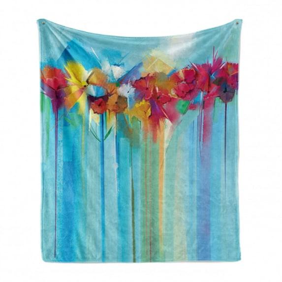 Art Soft Flannel Fleece Throw Blanket, Hand Painted Style Bouquet of Meadow Flowers in Soft Colors Abstract Design Nature, Cozy Plush for Indoor and Outdoor Use, 60" x 80", Multicolor, by Ambesonne