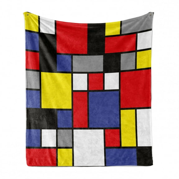 Art Soft Flannel Fleece Throw Blanket, Mondrianesque Pop Design with Colorful Squares Lively Colors Geometric Shapes Print, Cozy Plush for Indoor and Outdoor Use, 70" x 90", Multicolor, by Ambesonne
