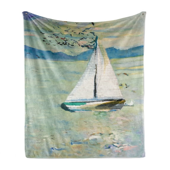 Art Soft Flannel Fleece Throw Blanket, Monet Sailing Boat Yacht Birds Watercolor Brushstroke Composition, Cozy Plush for Indoor and Outdoor Use, 70" x 90", Pale Blue Teal and White, by Ambesonne
