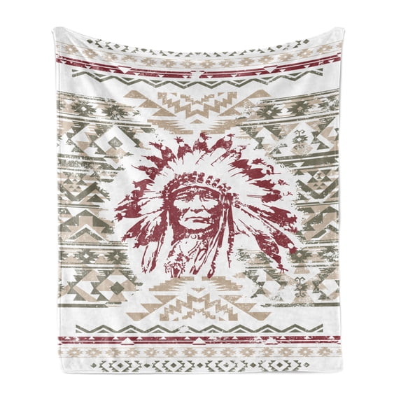Art Soft Flannel Fleece Throw Blanket, Retro Style Eagle Heart Chief Trail Grunge Effect and Geometric Motif, Cozy Plush for Indoor and Outdoor Use, 50" x 60", Sage Green Ruby and Tan, by Ambesonne