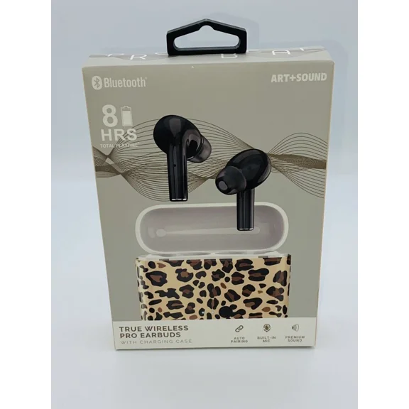 Art + Sound Wireless Pro Earbuds Black W Charging Case Leopard Brand New-Sealed