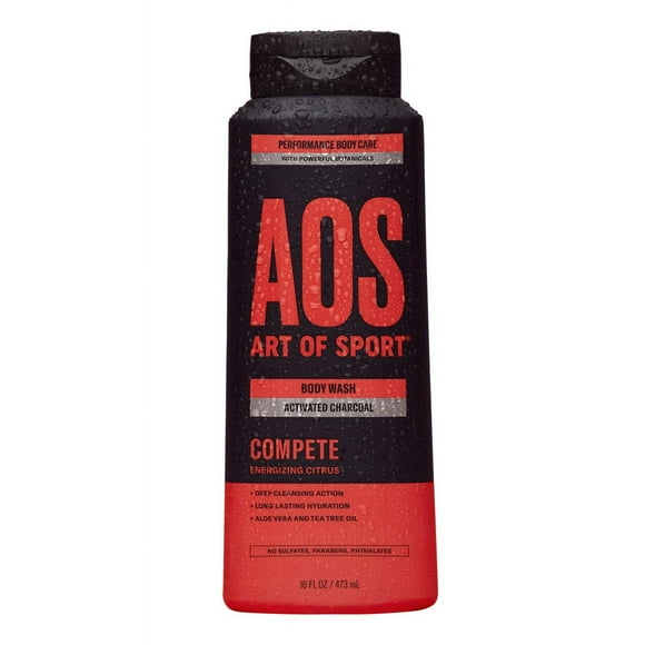 Art of Sport Activated Charcoal Body Wash for Men, Compete Scent, Energizing Citrus Fragrance with Tea Tree Oil and Aloe Vera, Deep Cleansing and Intensely Moisturizing, Sulfate Free 16 fl oz