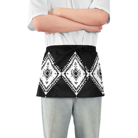 Art Squares in White Black Short Server Apron with 3 Pockets for Unisex Chef Gardening