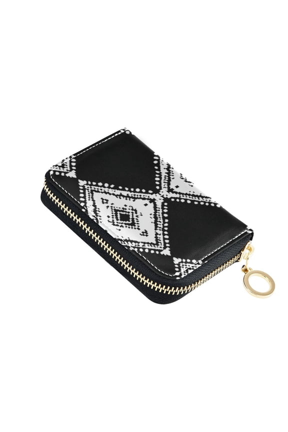 Art Squares in White Black Women's Credit Card Holder PU Leather Zipper Wallet RFID Blocking