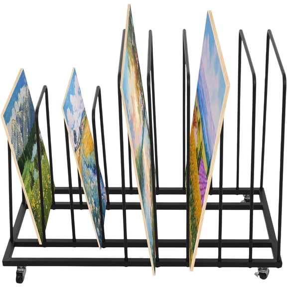 Art Storage Rack with Wheels, Rolling Art Painting Drying Rack 9 Section Metal Storage Stand for Canvas Drawing Boards Panels Prints (Black)