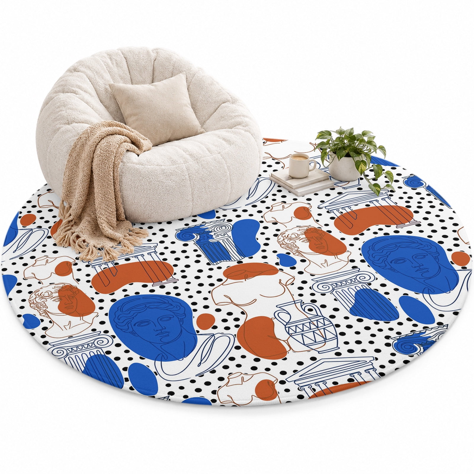 Art Style Area Rug 5', Blue Red Classical Sculptural Heads Polka Dot ...