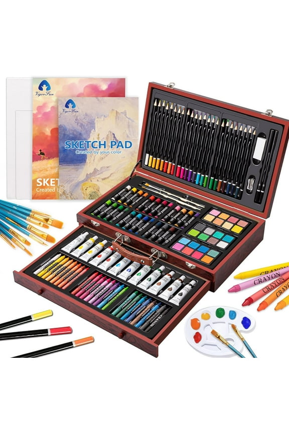 Art Supplies, 129 Piece Art Kit for Beginners, Teens, Adults in Painting, Coloring, Sketching, Great Art Set in Portable Wooden Case with Crayons, Colored Pencils, Oil Pastels, Watercolor Pens (GIFT)