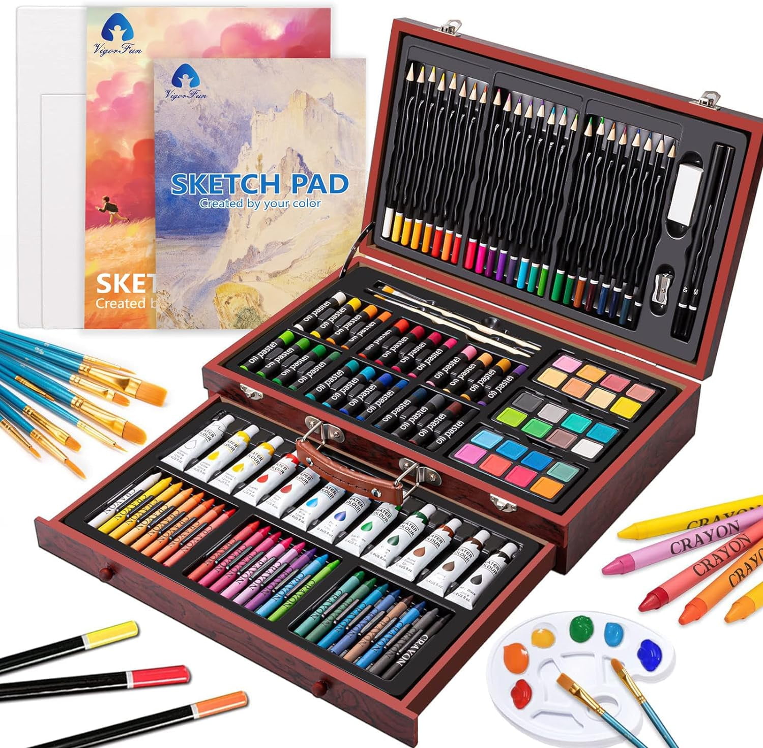 U.S. Art Supply 143 Piece-Mega Wood Box Art, Painting & Drawing Set with  Color Mixing Wheel and Bonus 2-9x12 Drawing Sketching Paper Pads