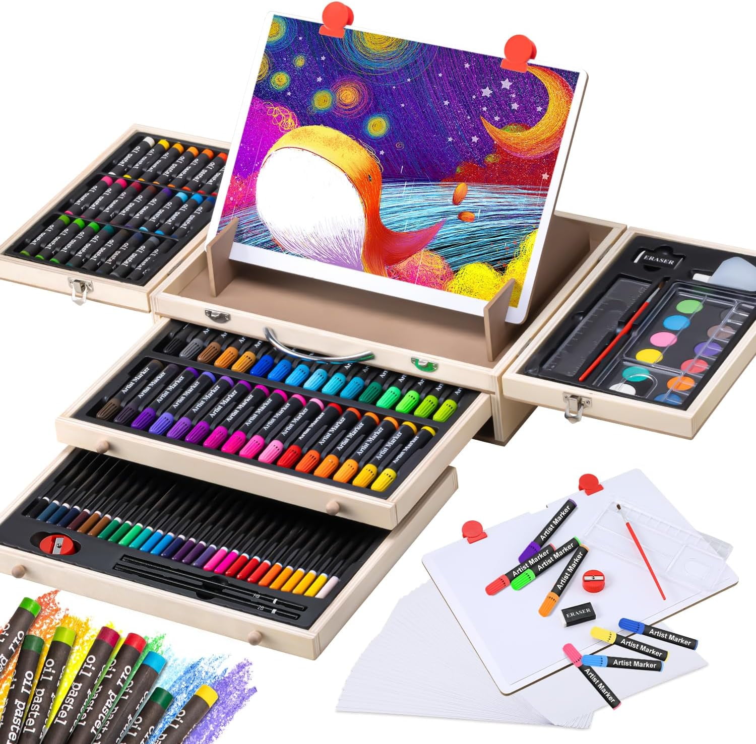 Art Supplies, 137 Piece Deluxe Wooden Art Set with Easel, Painting Supplies in Portable Case for Painting & Drawing, Professional Art Kits for Teens
