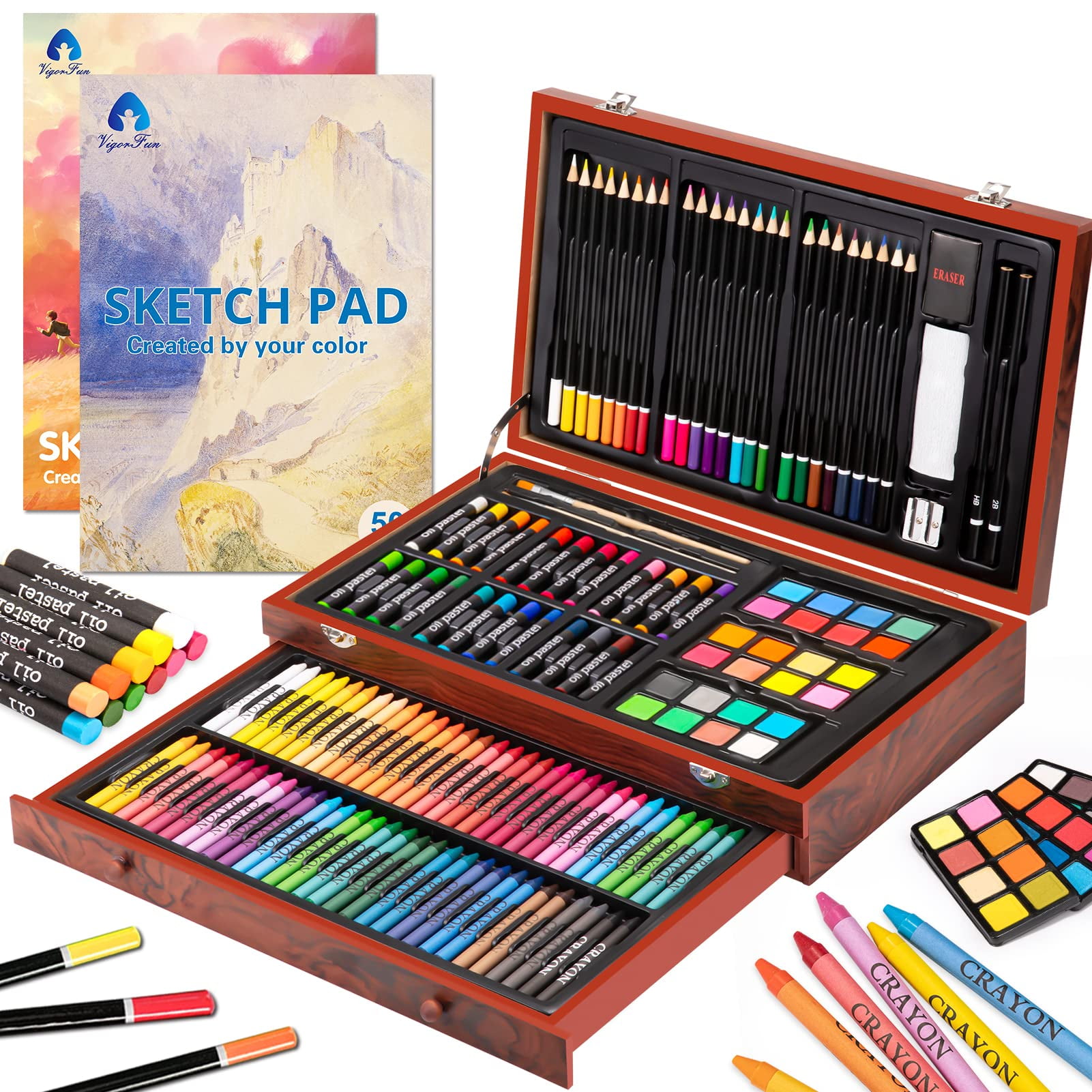 Art Supplies, 146-Piece Deluxe Wooden Art Set Crafts Painting Kit with 2 Sketch Pads, Includes Crayons, Colored Pencils, Oil Pastels, Creative Gift for Teens, Beginners Girls Boys
