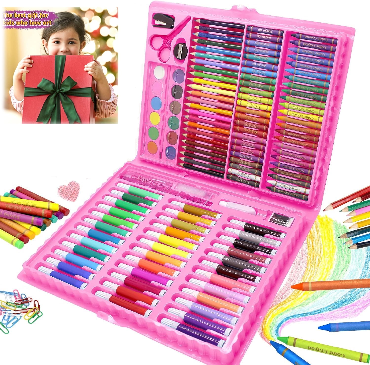 Art Supplies, 150-Piece Drawing Art Kit, Gifts for Girls Boys Teens, Art Set Crafts Case, Kid Crafting Supplies Includes Oil Pastels, Crayons, Colored Pencils Christmas Gifts,Birthdays Gifts(Pink)