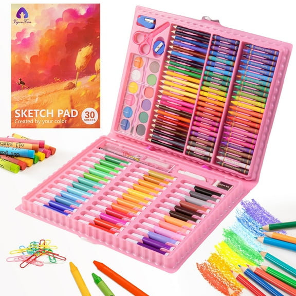 Art Supplies, 151 Piece Drawing Art kit, Child Gifts Art Set Case with Double Sided Trifold Easel, Includes Oil Pastels, Crayons, Colored Pencils, Watercolor Cakes, Sketch Pad (PINK)