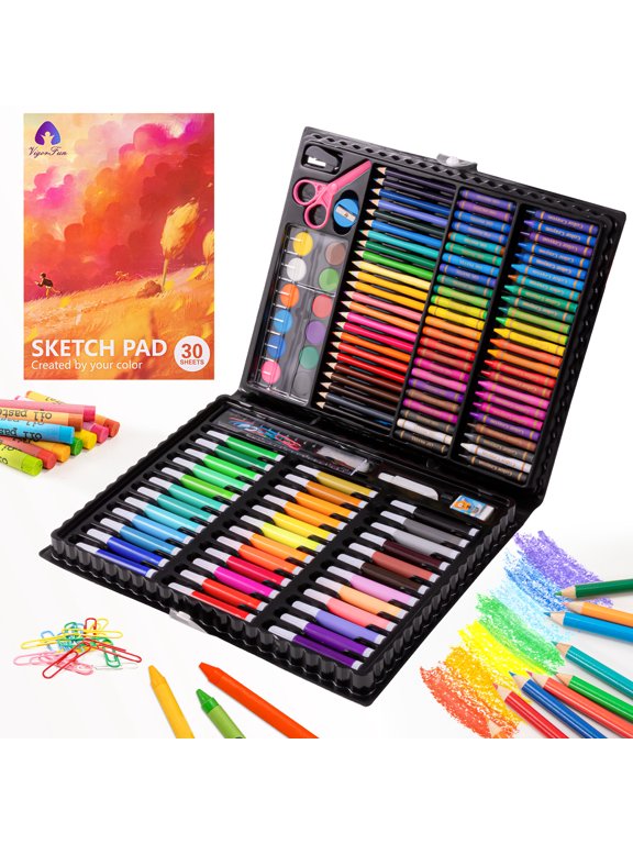 Art Supplies, 151 Piece Drawing Art kit, Gifts Art Set Case with Double Sided Trifold Easel, Includes Oil Pastels, Crayons, Colored Pencils, Watercolor Cakes, Sketch Pad (BLACK)