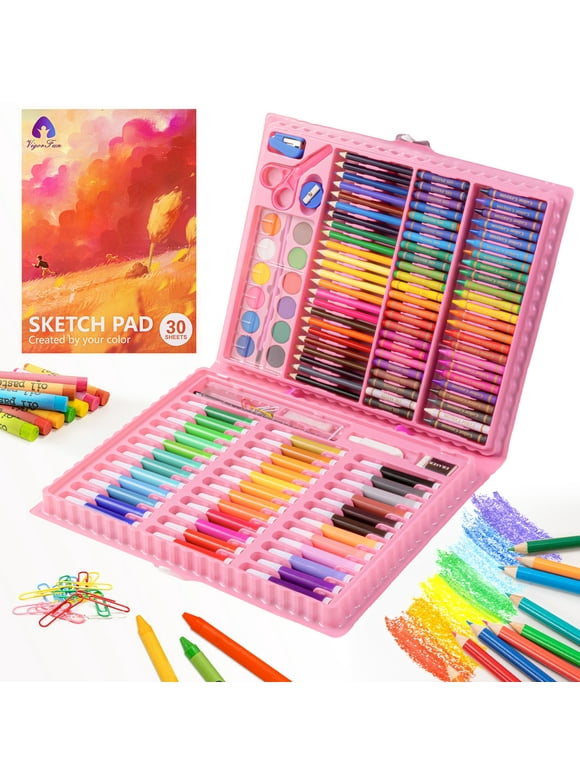 Art Supplies, 151 Piece Drawing Art kit, Child Gifts Art Set Case with Double Sided Trifold Easel, Includes Oil Pastels, Crayons, Colored Pencils, Watercolor Cakes, Sketch Pad (PINK)