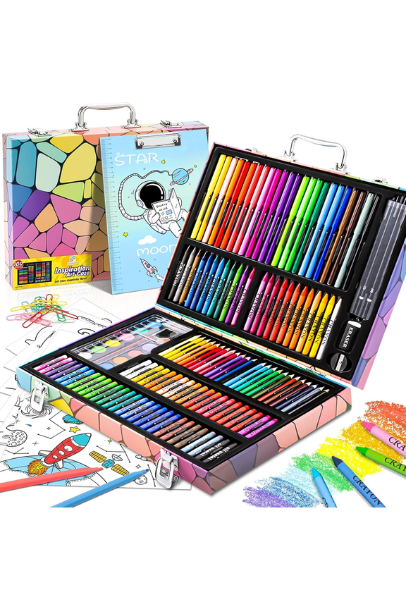 Art Supplies, 180 Piece Drawing Painting Art Kit with Clipboard and Coloring Papers, Gifts Art Set Case with Oil Pastels, Crayons, Colored Pencils, Watercolor Cakes