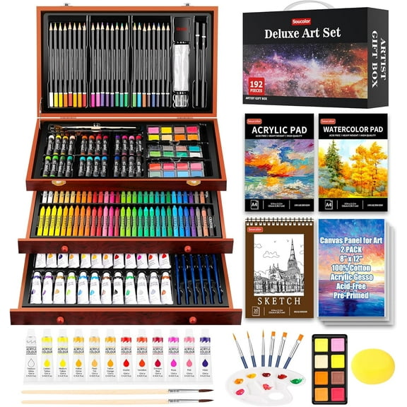 Art Supplies, 192-Pack Deluxe Art Set Drawing Painting Supplies Kit with Acrylic Pad, Watercolor Pad, Sketch Book, Canvases, Acrylic Paint, Crayons, Pencils, Gifts for Artist Adults Teen Kids