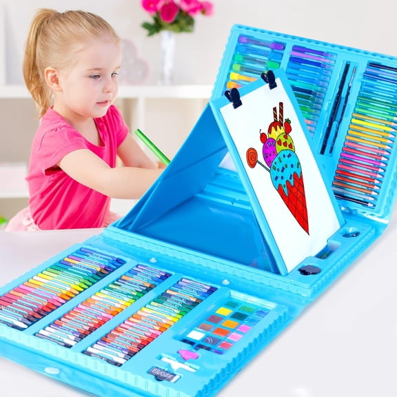 Art Supplies,208 Pack Art Set Drawing Kit for Girls Boys Teens Artist,Deluxe Gift Art Box with Reversible Tri-Fold Easel,A4 Paper,Coloring Book,Oil Pastels,Crayons,Colored Pencils (Blue)