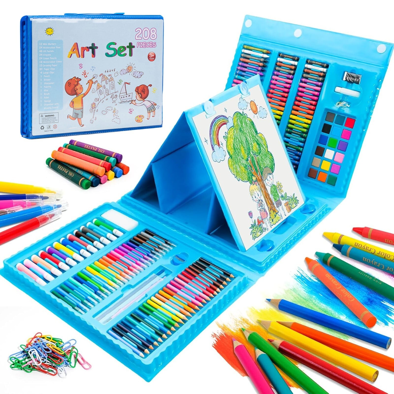 Art Supplies, 208 Pack Art Sets Crafts Drawing Coloring kit, Double-Side Trifold Easel, Oil Pastels, Crayons, Colored Pencils, Creative Gift for Beginners Artists Girls Boys Kids (Blue)