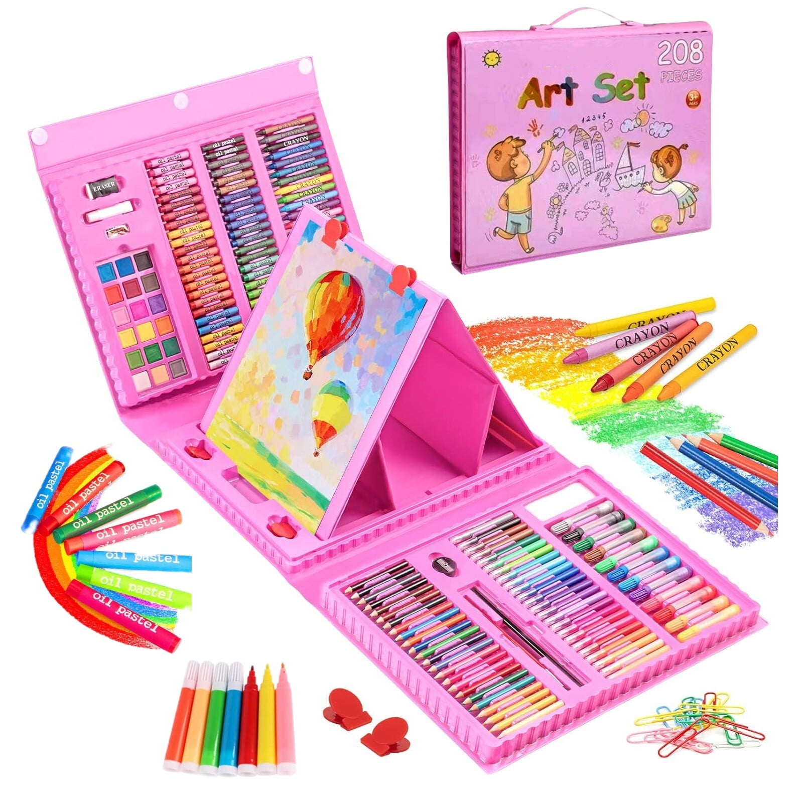 Art Supplies, 208-Piece Drawing Art Kit, Gifts for Girls Boys Teens, Art Set Crafts Case with Double Sided Trifold Easel, Includes Watercolor Pens, Oil Pastels, Crayons, Colored Pencils (Pink)