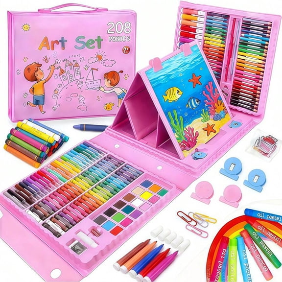 Art Supplies 208-Piece Drawing Set and Painting Kit for Kids, Girls and Teens, Artist Art Set with Trifold Easel, Includes Crayons, Colored Pencils, Oil Pastels, and Coloring Book