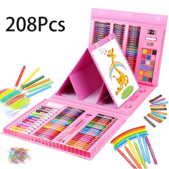 Art Supplies 208 Pieces, Girls Boys Teen Artist Drawing Art Kit, Arts and Crafts Gift, Art Set Box with Reversible Tri-Fold Easel, A4 Paper, Coloring Book, Oil Pastels, Crayons, Colored Pencils, Pink