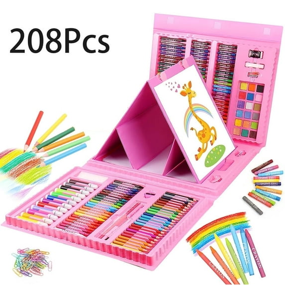 Art Supplies 208 Pieces, Girls Boys Teen Artist Drawing Art Kit, Arts and Crafts Gift, Art Set Box with Reversible Tri-Fold Easel, A4 Paper, Coloring Book, Oil Pastels, Crayons, Colored Pencils, Pink
