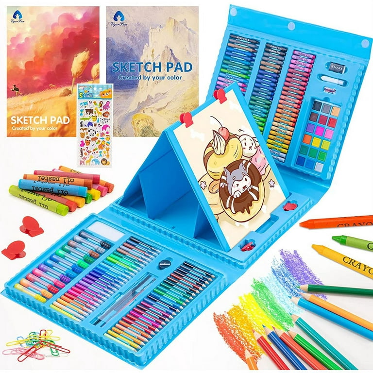 Art Supplies, 240-Piece Drawing Art kit, Gifts Art Set Case with Double  Sided Trifold Easel, Includes Oil Pastels, Crayons, Colored Pencils,  Watercolor Cakes, Sketch Pad (BLUE) 