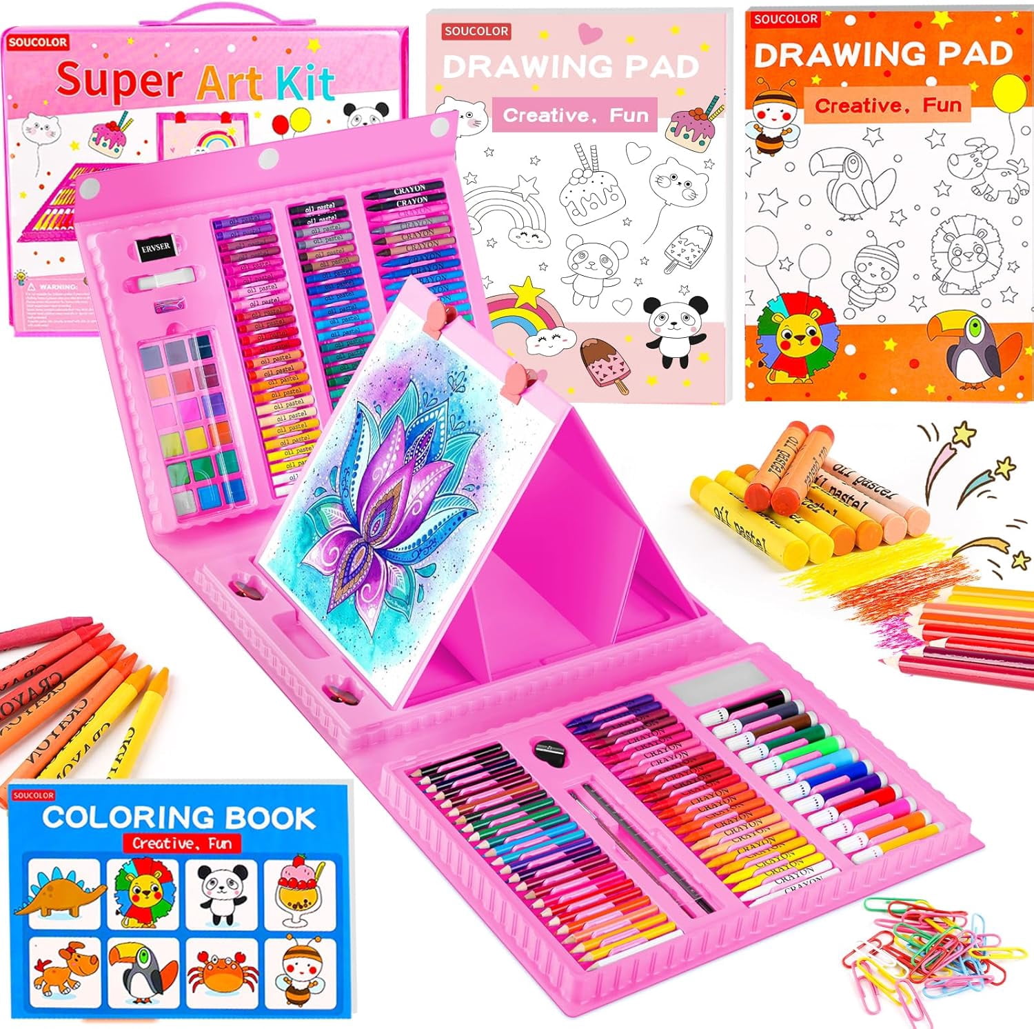 Art Supplies, 283 Pieces Drawing Set Kits with Trifold Easel, 2 Pads, 1 Coloring Book, Crayons, Pastels, Arts Gifts Case,