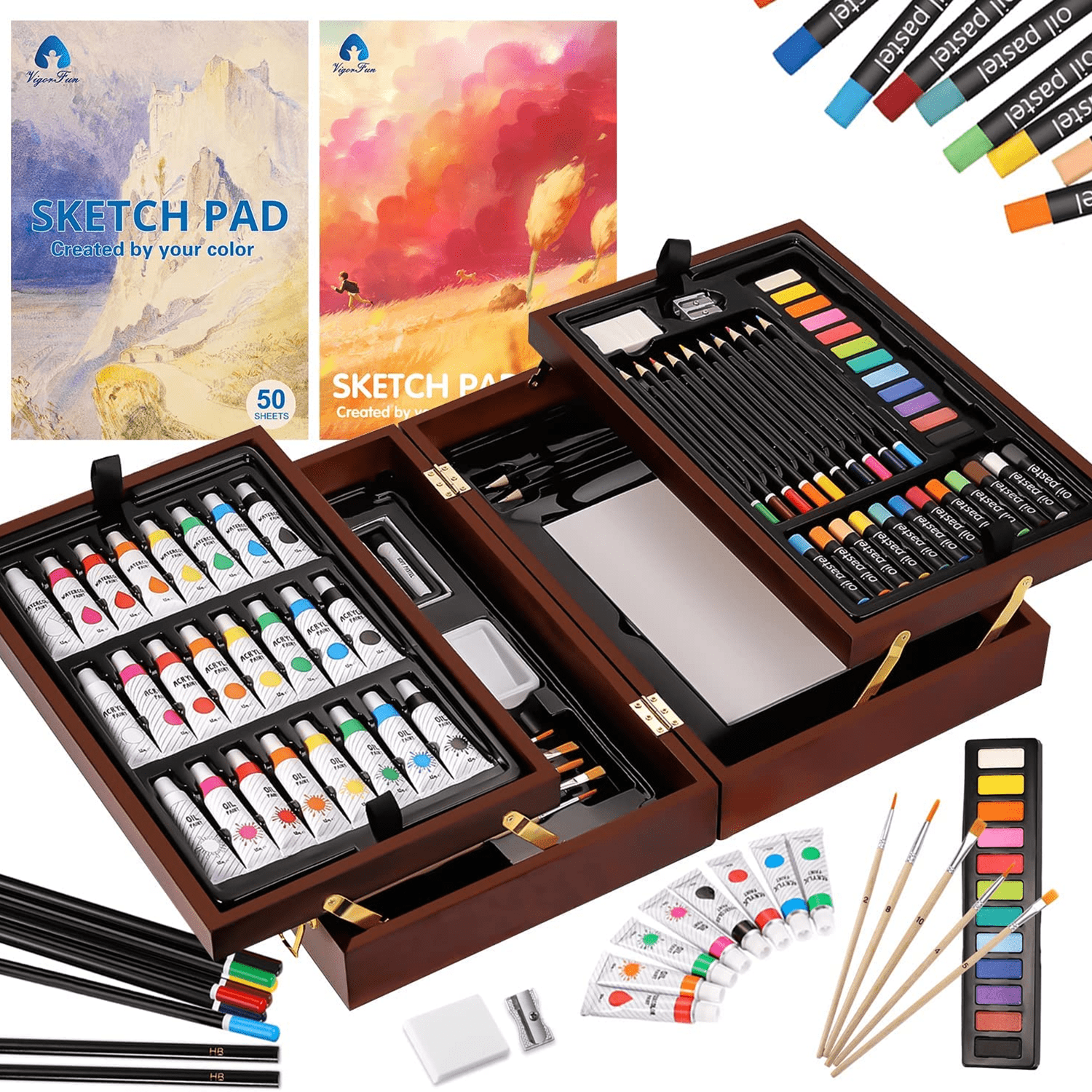 Art Supplies 85 Piece, Vigorfun Deluxe Wooden Art Set Crafts Drawing Painting  Kit with 2 Sketch Pads, Oil Pastels, Acrylic, Watercolor Paints, Creative  Gifts Box for Adults Artist Kids Teens Girls 