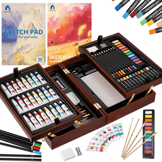 US Art Supply 143-Piece Mega Wood Box Art Painting, Sketching and Drawing  Set in Storage Case - 24 Watercolor Paint Colors, 24 Oil Pastels, 24  Colored