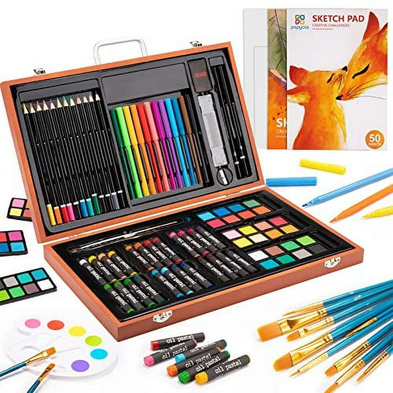 Art Supplies 94 Piece Wooden Drawing Supplies for Painting, Sketching,  Coloring Creative Portable Art Kit with Colored Pencils, Oil Pastels,  Watercolor Cakes for Teens, Adults(Brown) 