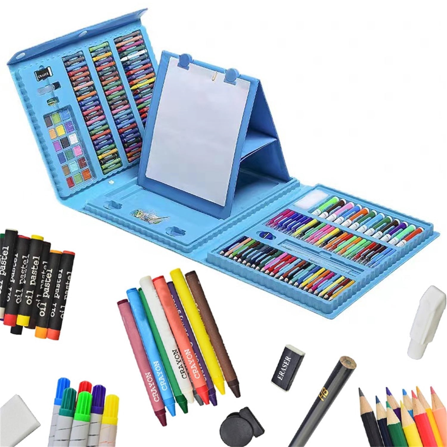 Art Supplies Drawing Kits,Bexikou 208 Pcs Art Supplies Gifts for Girls Boys Teens,Drawing Art Kit for Kids Adults,Art Set Crafts Case with Double Sided Trifold Easel, Oil Pastels, Crayons (Blue)