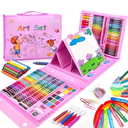Wiher 208 Pcs Portable Drawing Art Kit, Kids Painting Supplies Set with Oil Pastels Crayons Colored Pencils Etc, Easy to Clean Safe Ingredients for Kids and Teenagers Birthday & Christmas Gift(Pink)