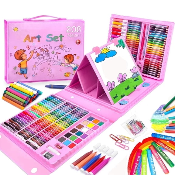 Wiher 208 Pcs Portable Drawing Art Kit, Kids Painting Supplies Set with Oil Pastels Crayons Colored Pencils Etc, Easy to Clean Safe Ingredients for Kids and Teenagers Birthday & Christmas Gift(Pink)