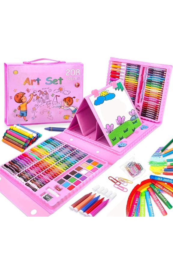 208 Pcs Portable Drawing Art Kit, Kids Painting Supplies Set with Oil Pastels Crayons Colored Pencils Etc, Easy to Clean Safe Ingredients for Kids and Teenagers Birthday & Christmas Gift(Pink)